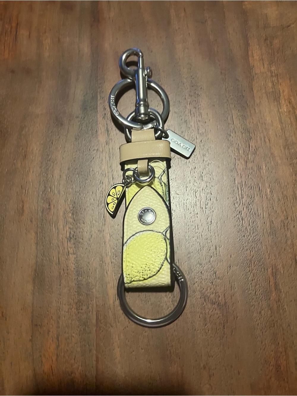 Coach Yellow Lemon-Print Leather Key Holder with Silver Hardware